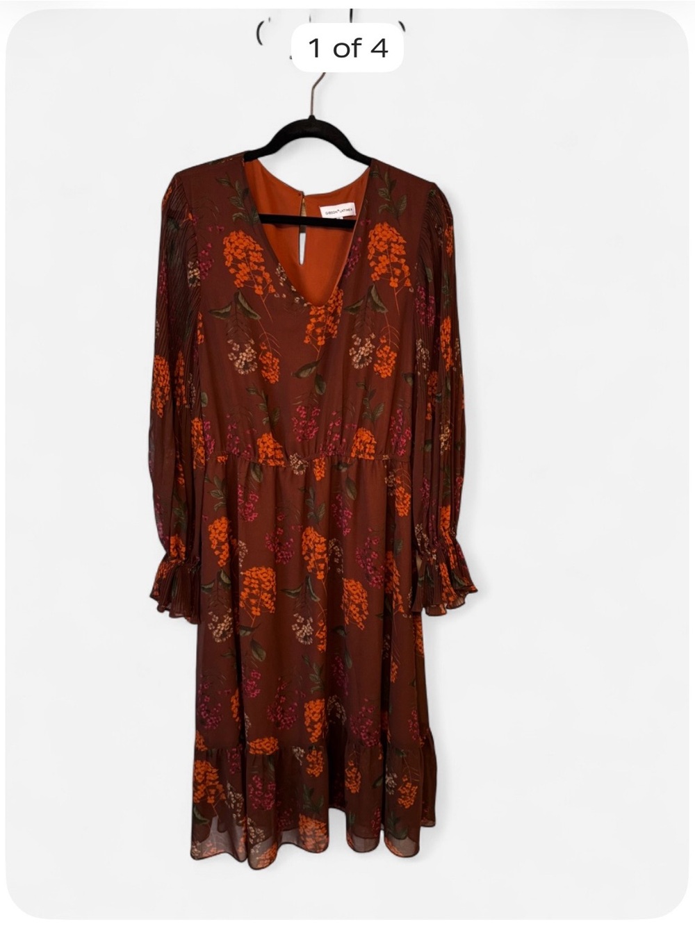 Gibson Latimer Floral Midi Dress Large Brown Pleated Sleeve Tiered Fall Boho